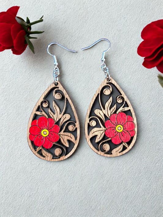 Wooden hand painted flower earrings