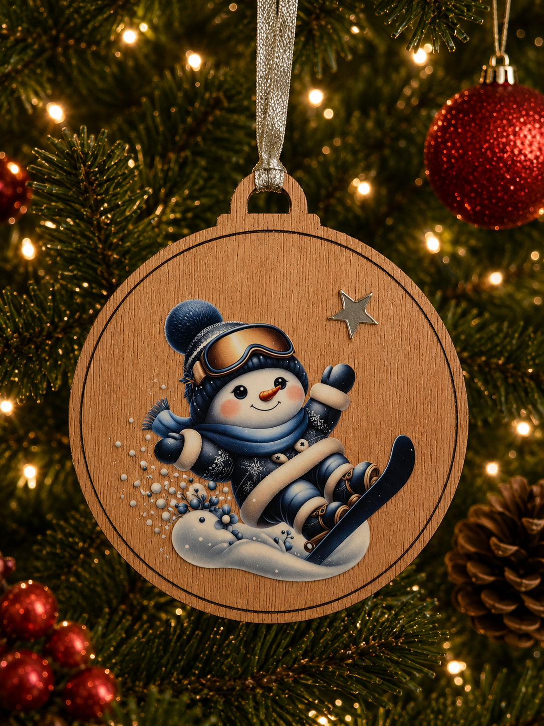 Blue Snowman Snowboarding Decoration