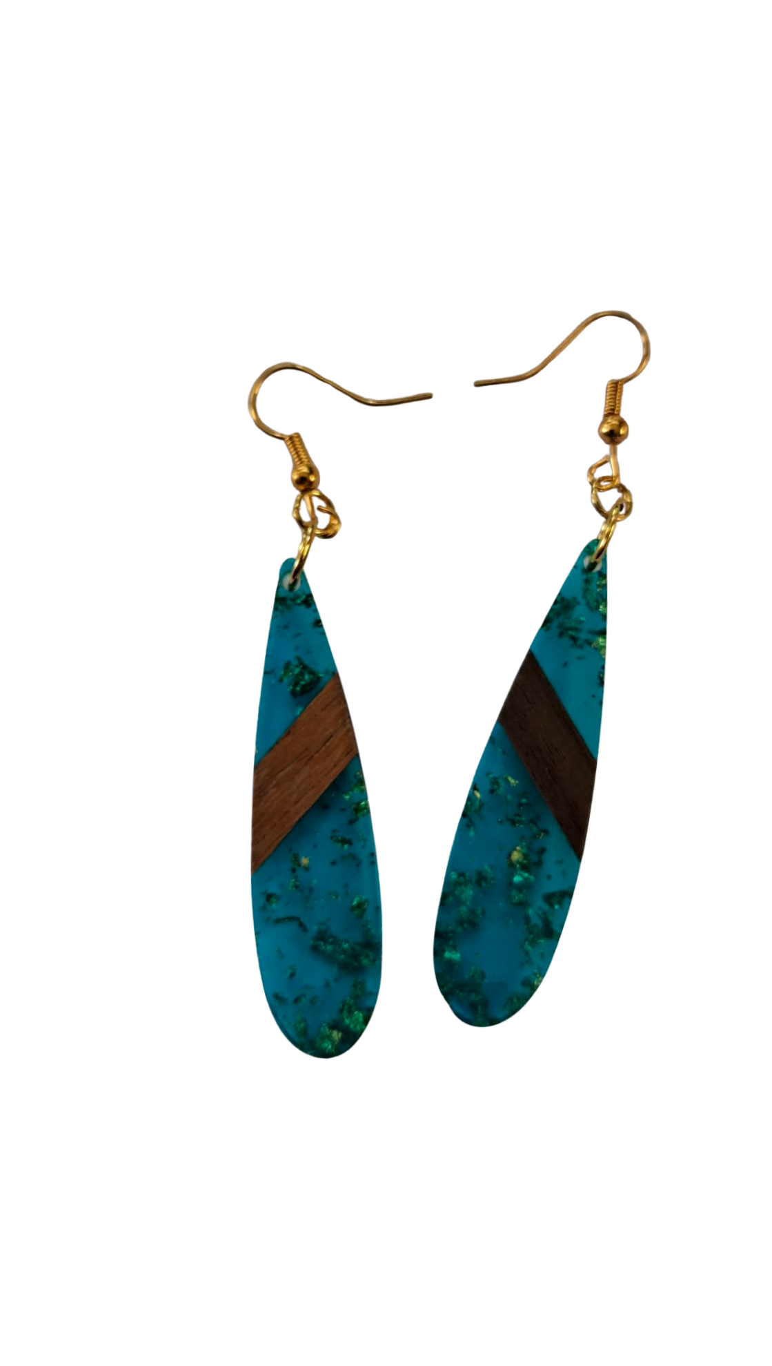 Glittery resin and wood drop earrings - blue-green
