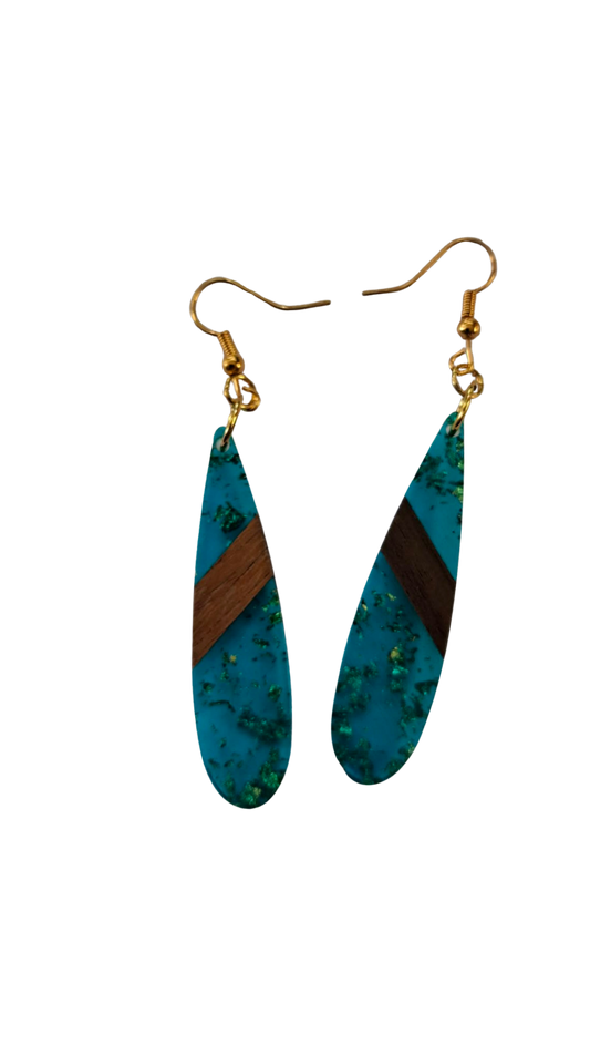 Glittery resin and wood drop earrings - blue-green