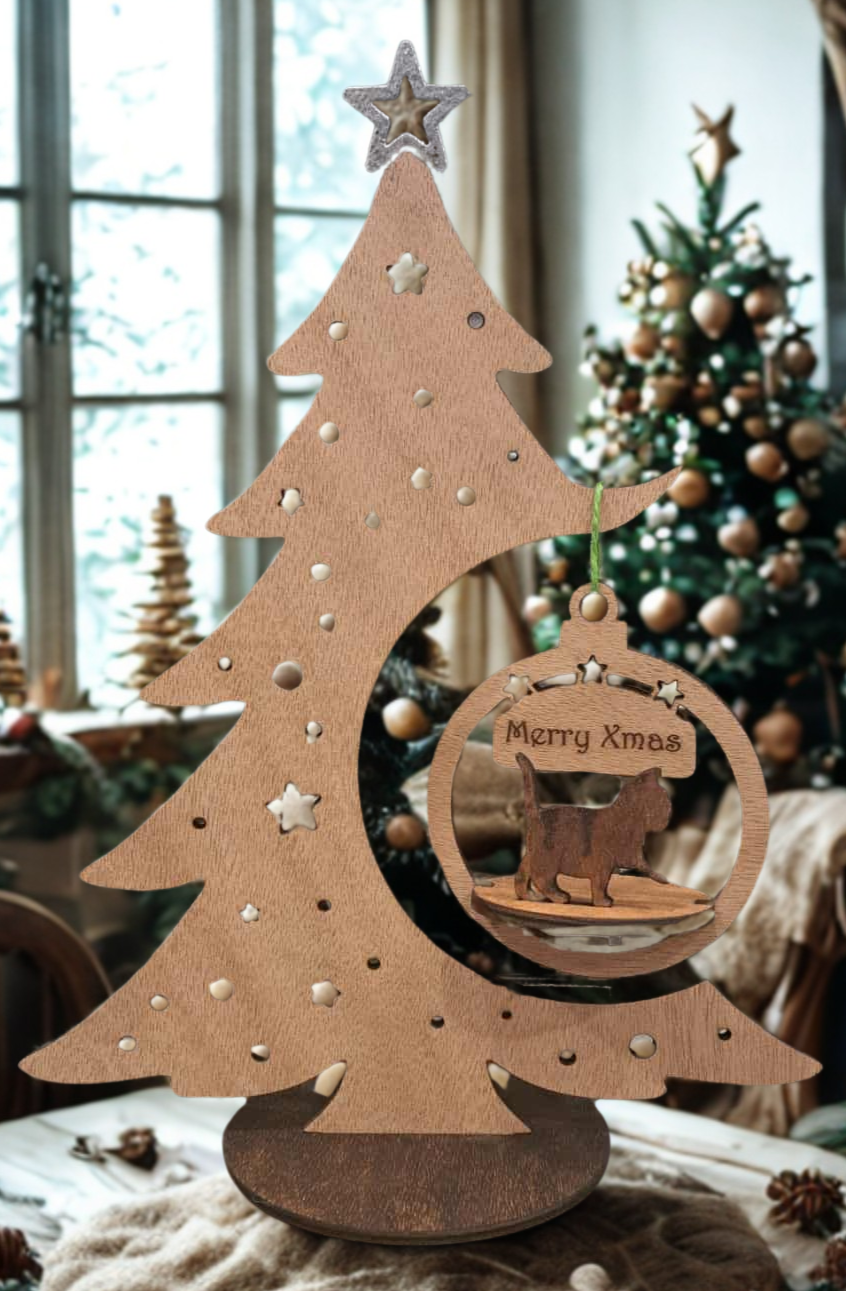 Free standing wooden Christmas tree with 3D cat hanger