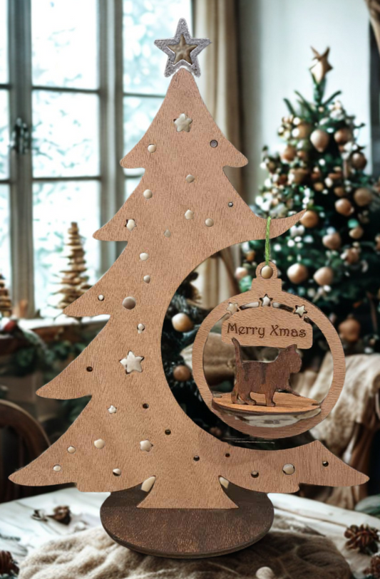 Free standing wooden Christmas tree with 3D cat hanger