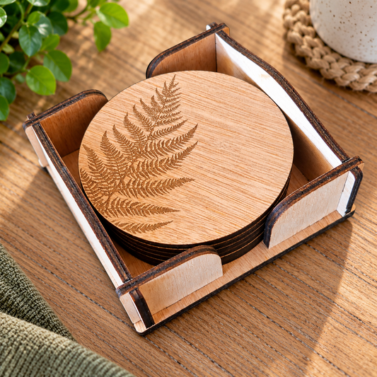 Silver Fern Wooden Coaster Set – Set of 6 with Stand