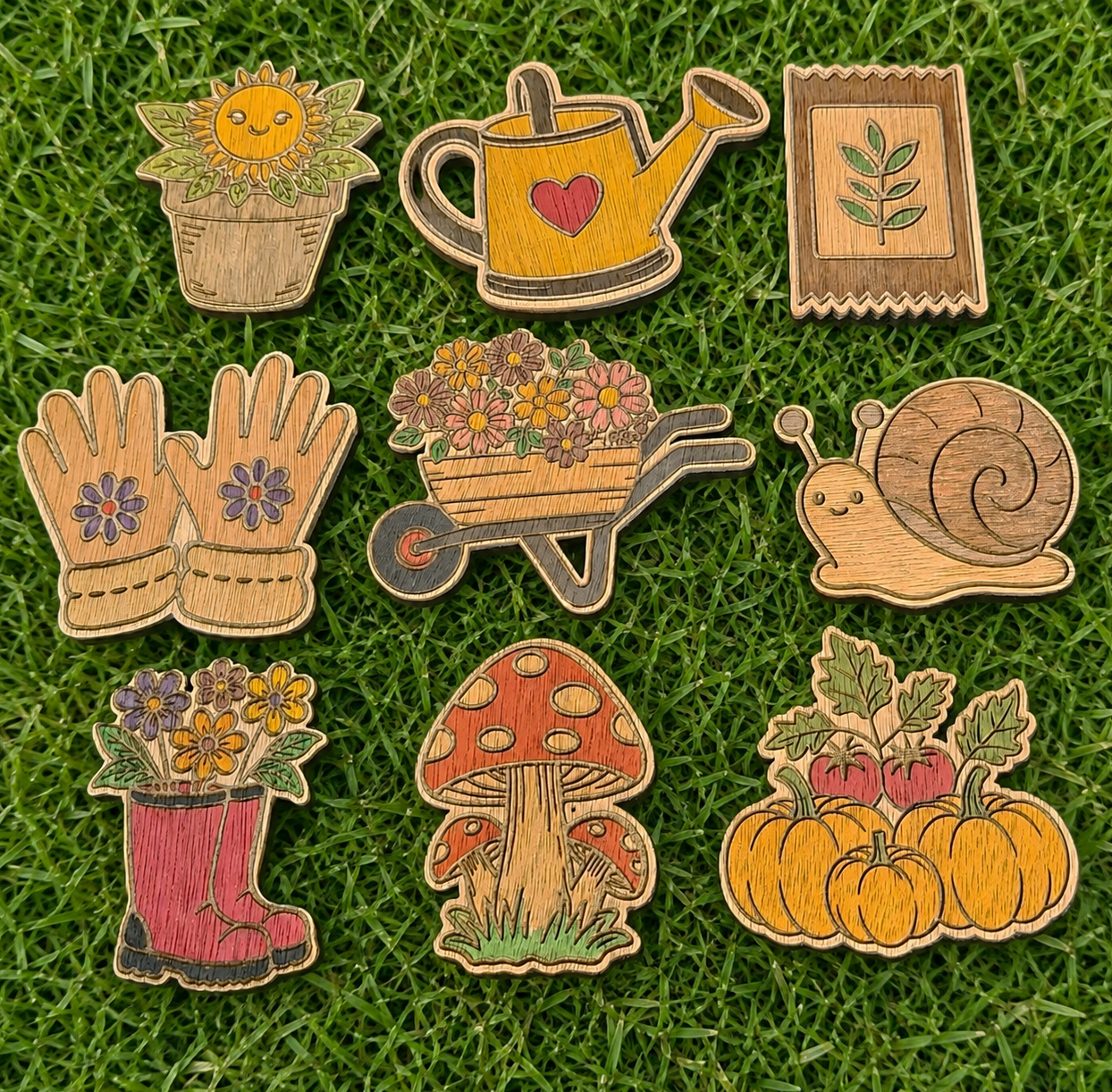 Set of 16 Hand-Painted Wooden Garden-Themed Magnets