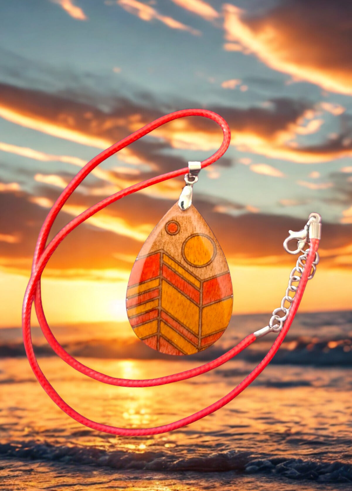 Hand painted wood and resin necklace and cord - red, orange and natural wood