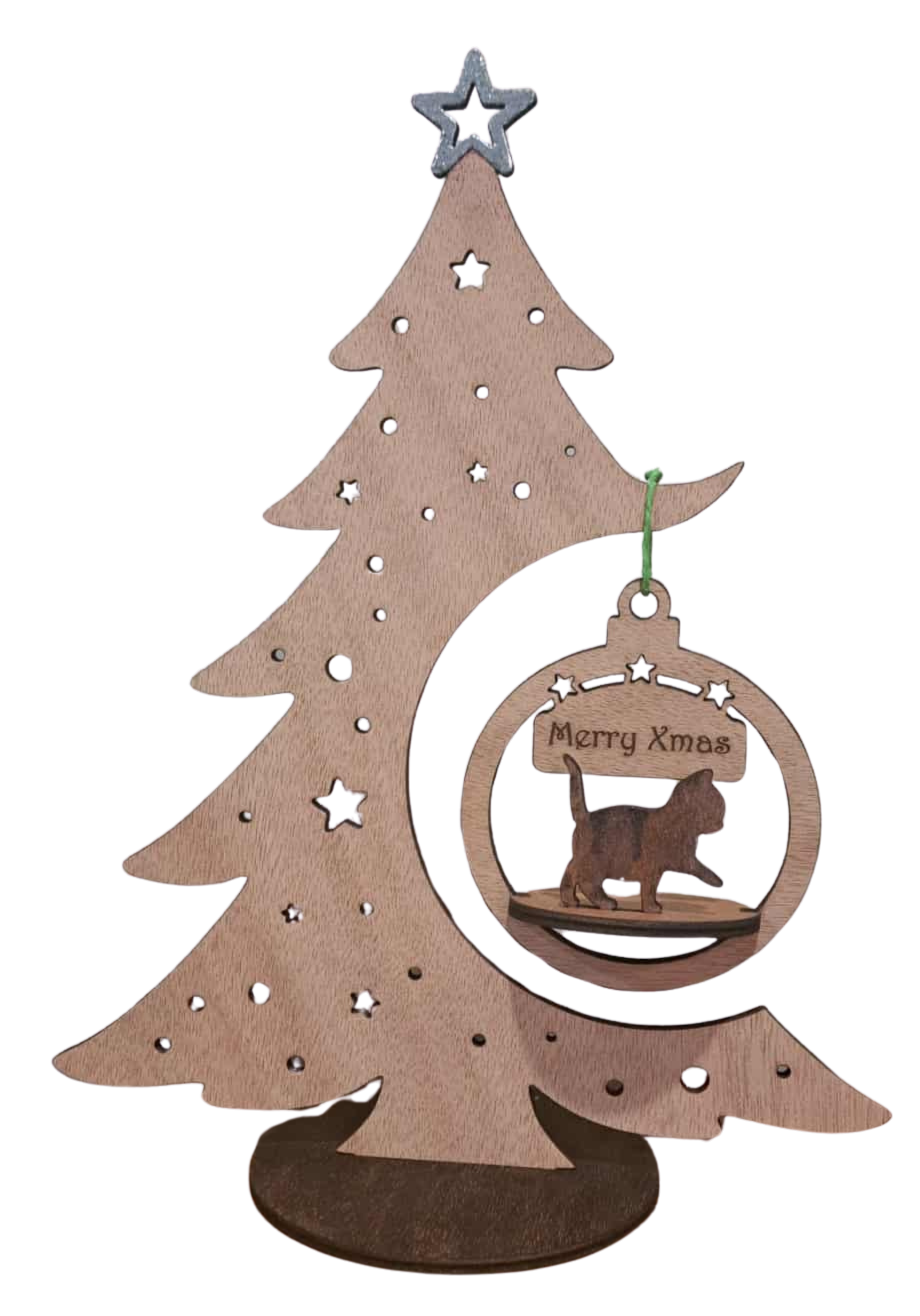 Free standing wooden Christmas tree with 3D cat hanger