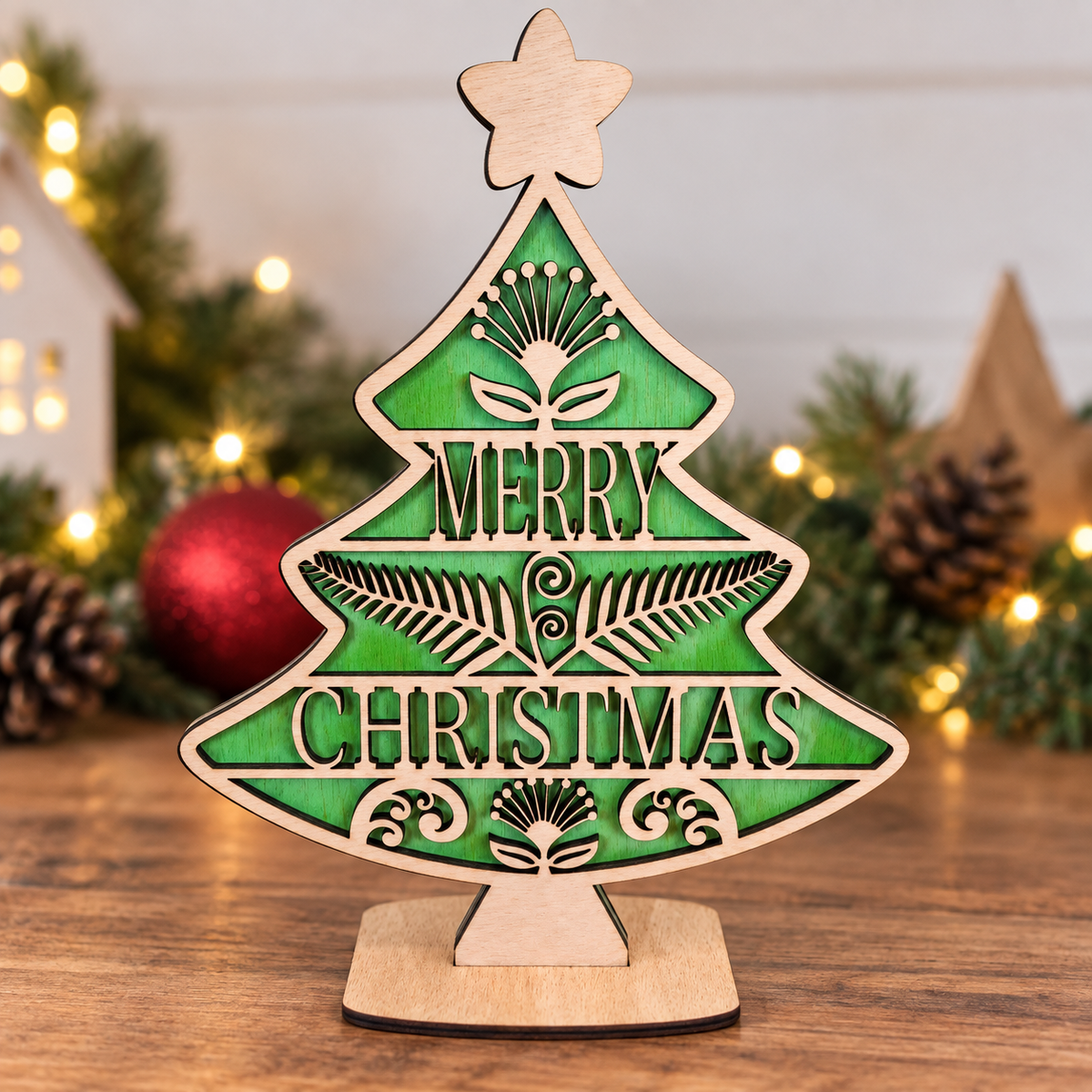 Double sided 30 cm table top tree - Merry Christmas/Meri Kirihimete