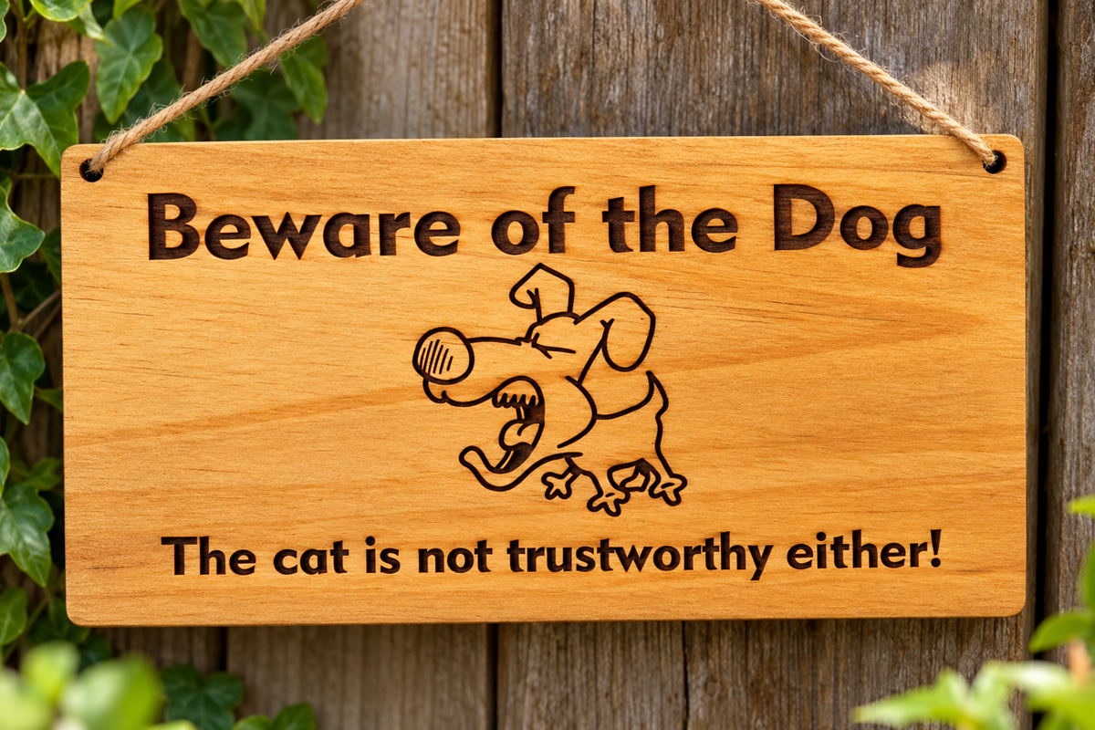 Beware of the Dog - The cat is not trustworthy either! Pine sign