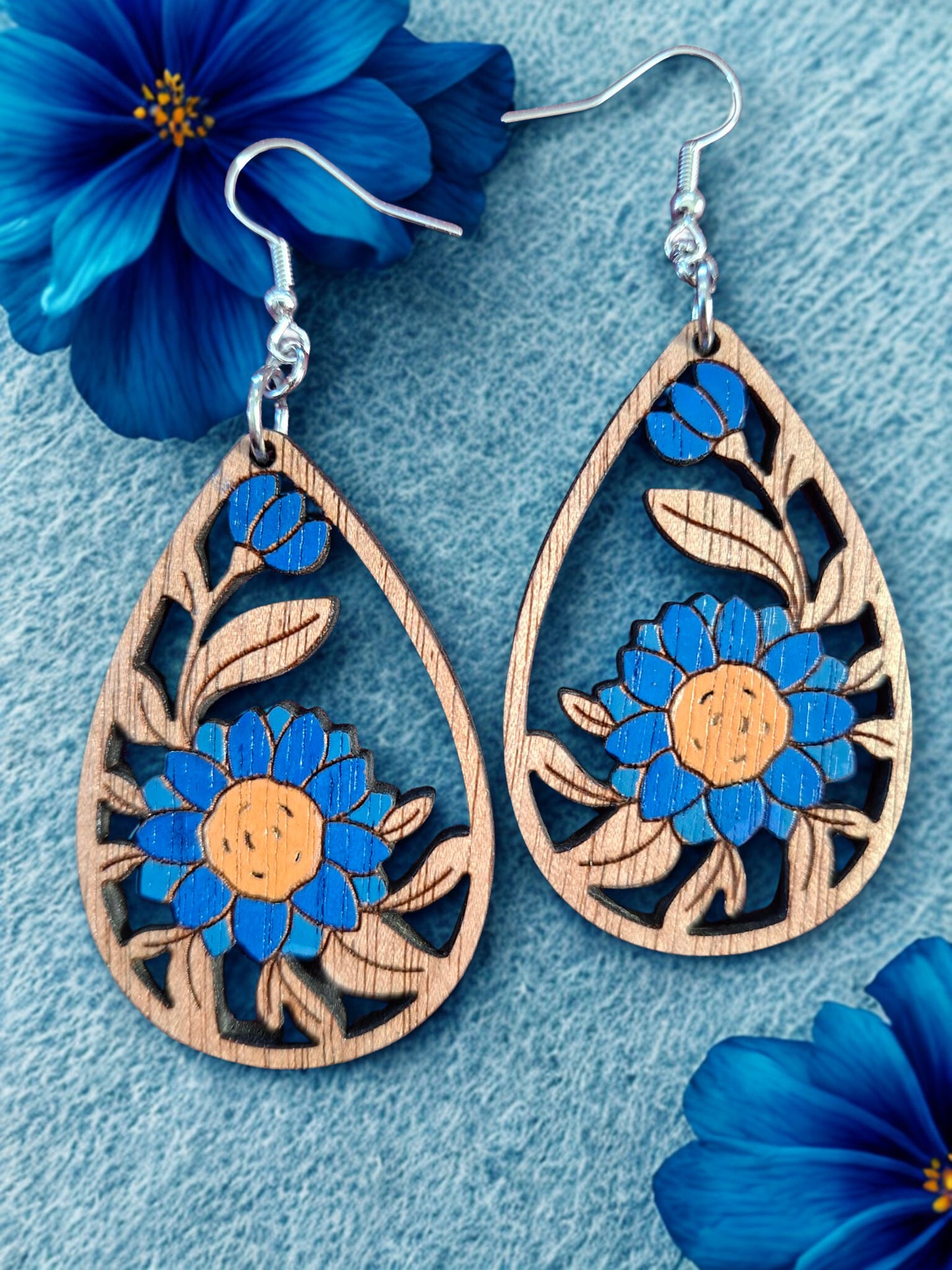 Wooden hand painted flower earrings
