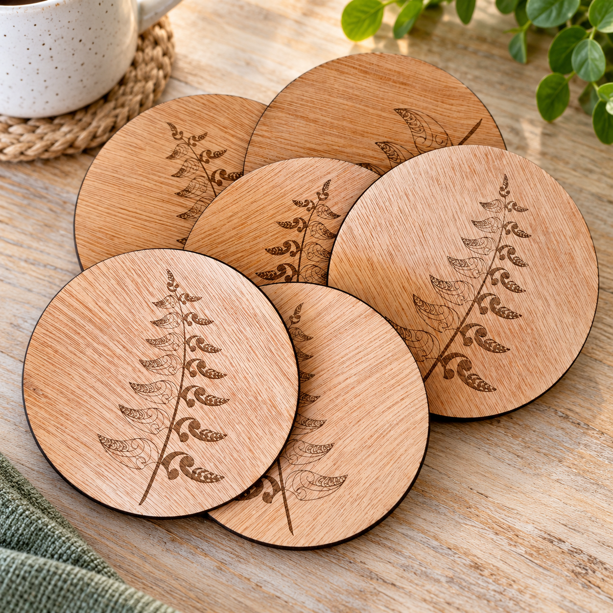 Stylised Fern Wooden Coaster Set – Set of 6 with Stand