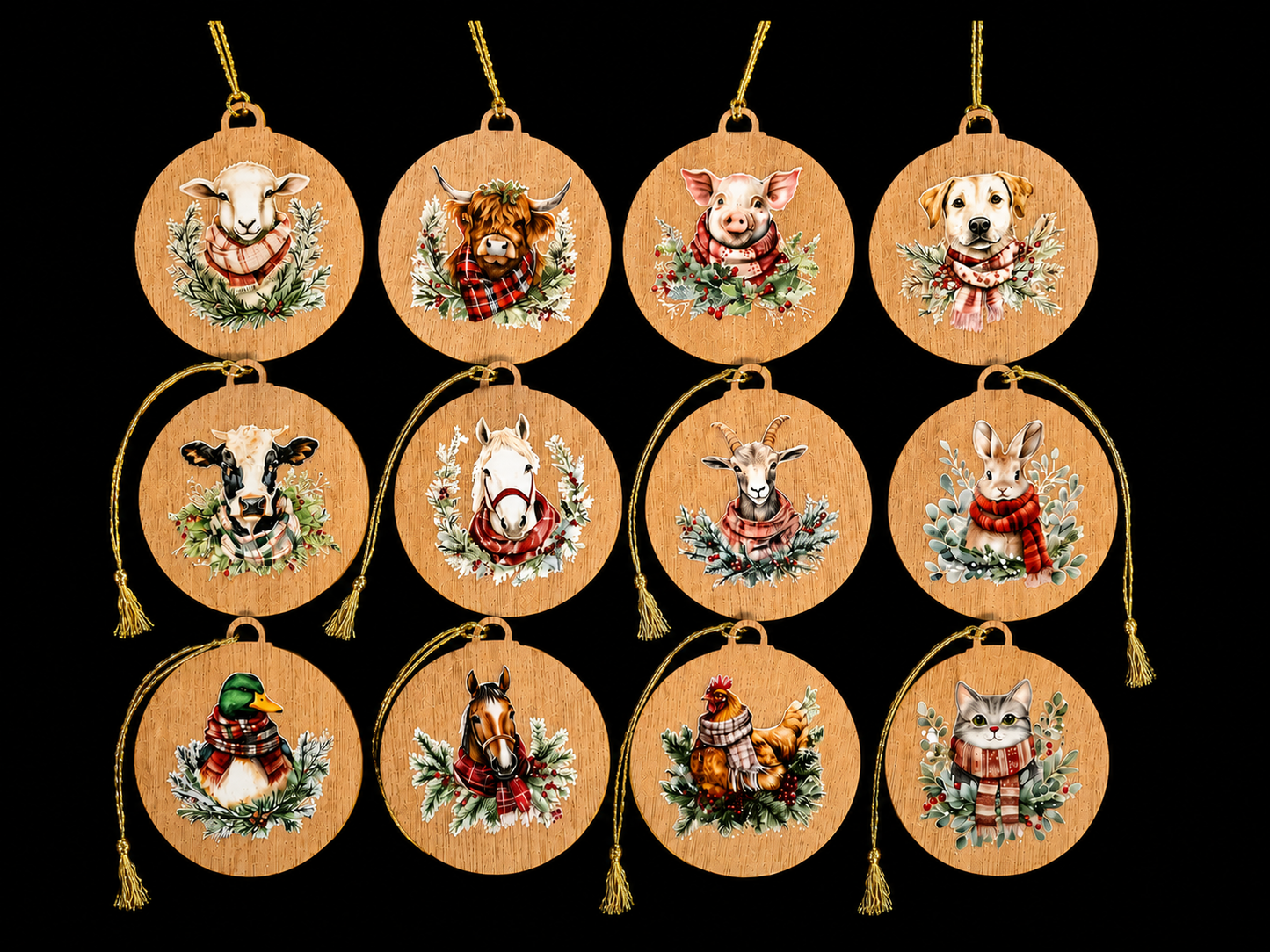 Set of 12 wooden country style decorations