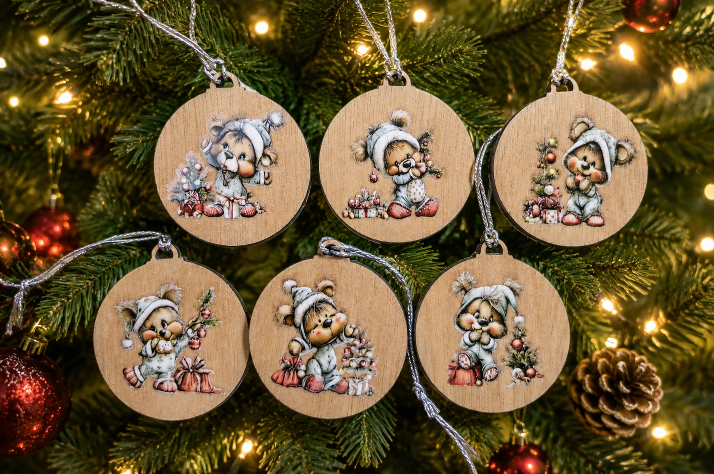 Set of six small wooden decorations