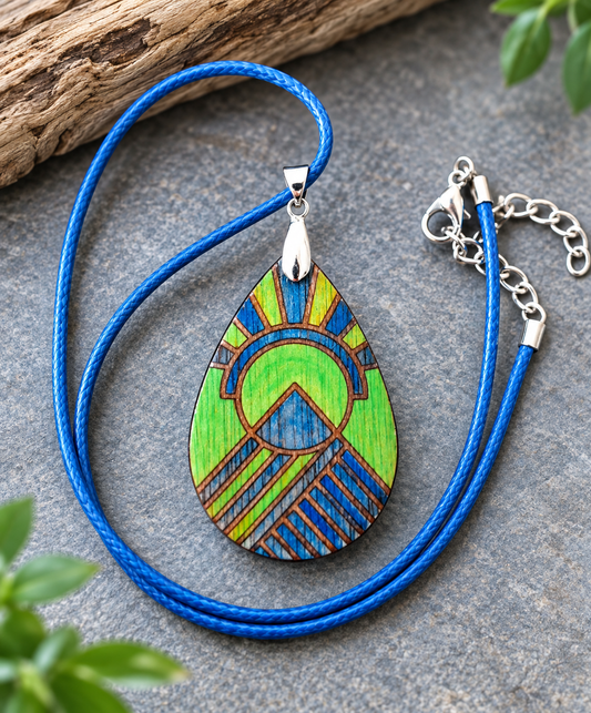 Blue & Green Hand-Painted Wood & Resin Statement Necklace – Made in NZ