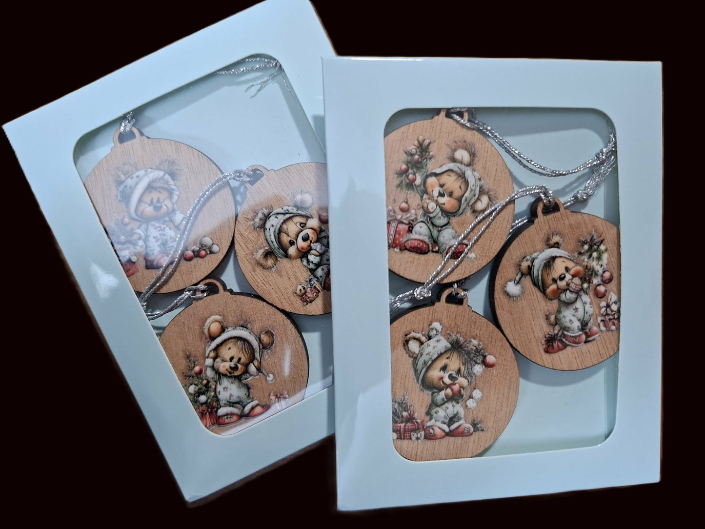 Set of six small wooden decorations