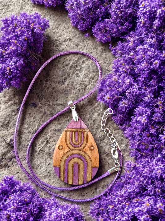 Hand painted wood and resin necklace and cord - Purple, gold and natural wood