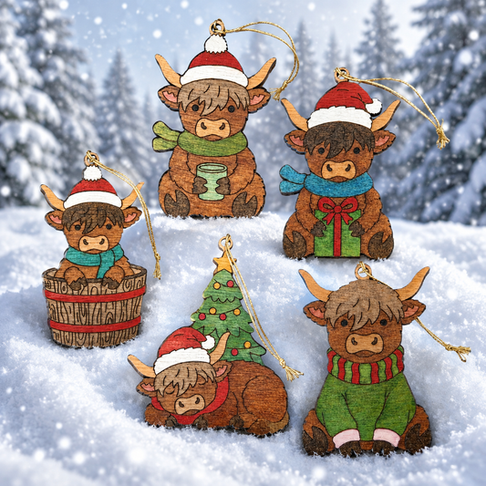 Highland cow - set of five hanging decorations