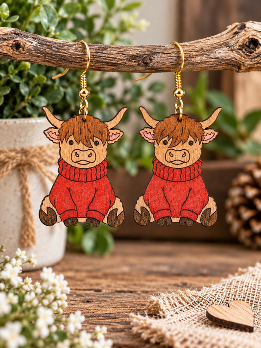 Highland cow in a jumper wooden earrings - Hand Made in NZ