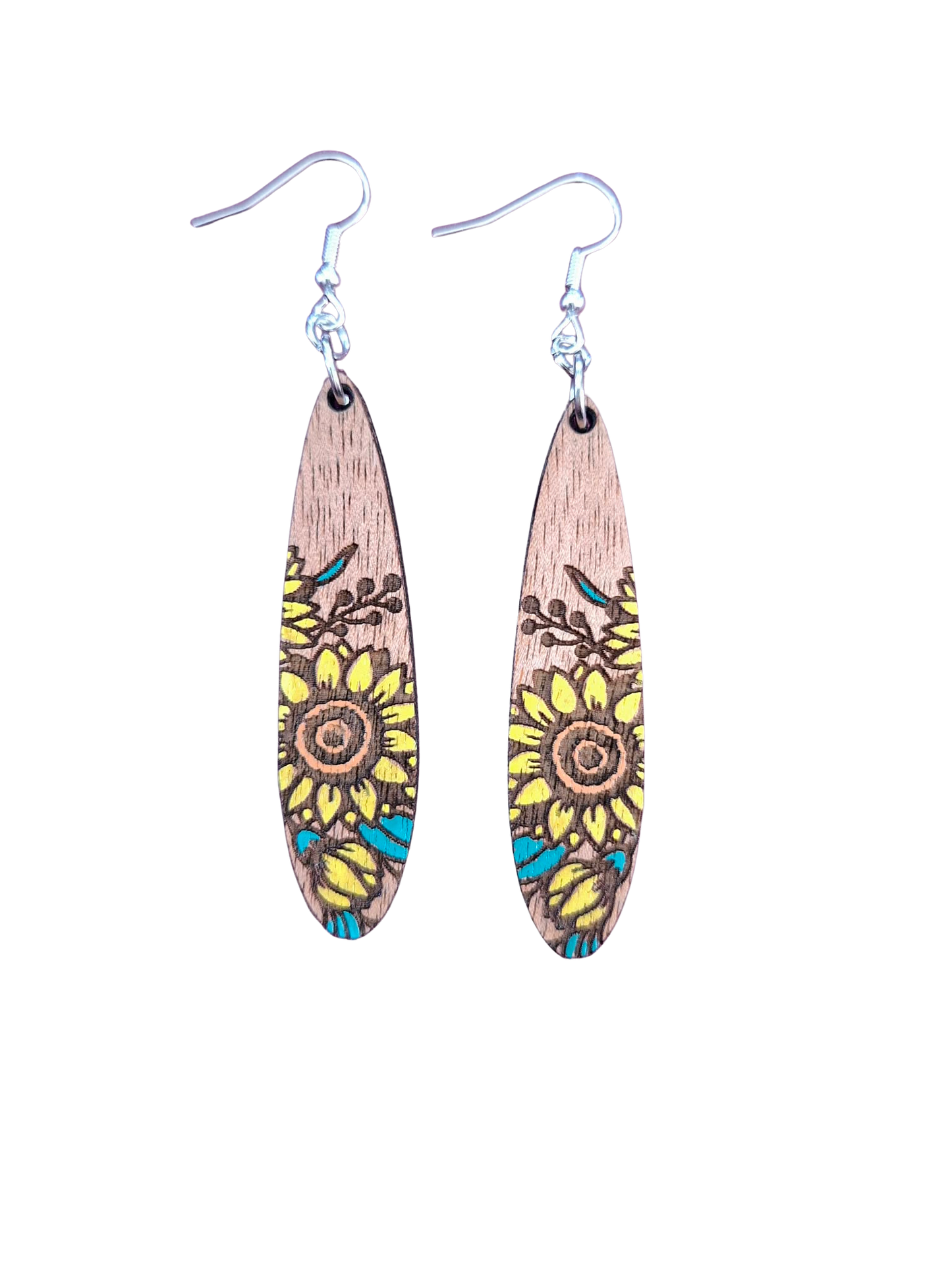 Wooden hand painted sunflower earrings - 4 shapes to choose from