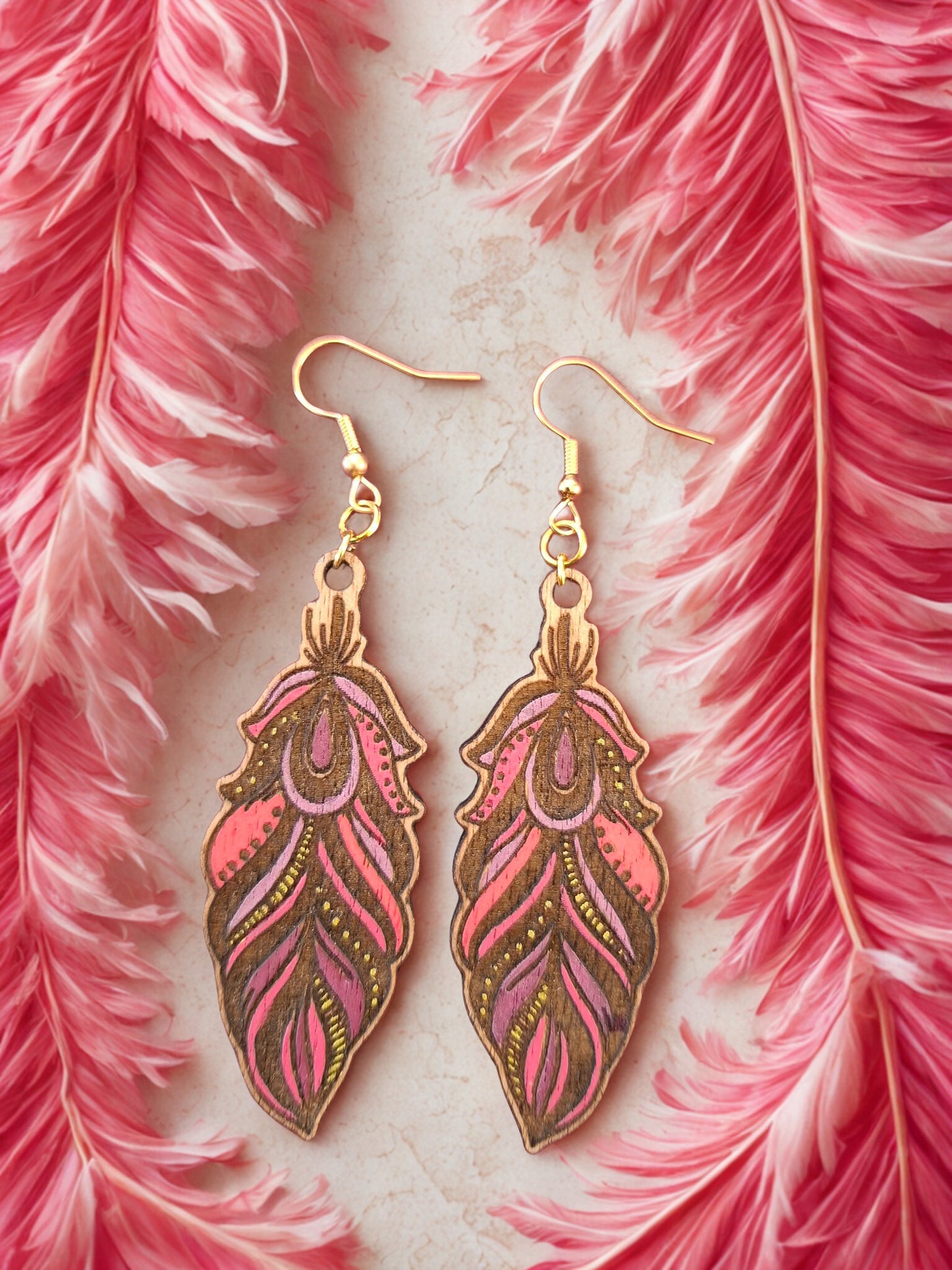 Feather earrings - hand painted wood