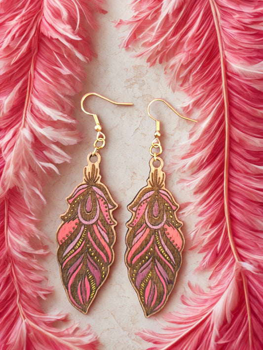 Feather earrings - hand painted wood