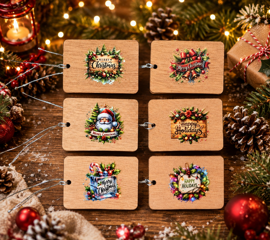 Zhoosh up your Christmas gifts! Set of six reusable wooden tags