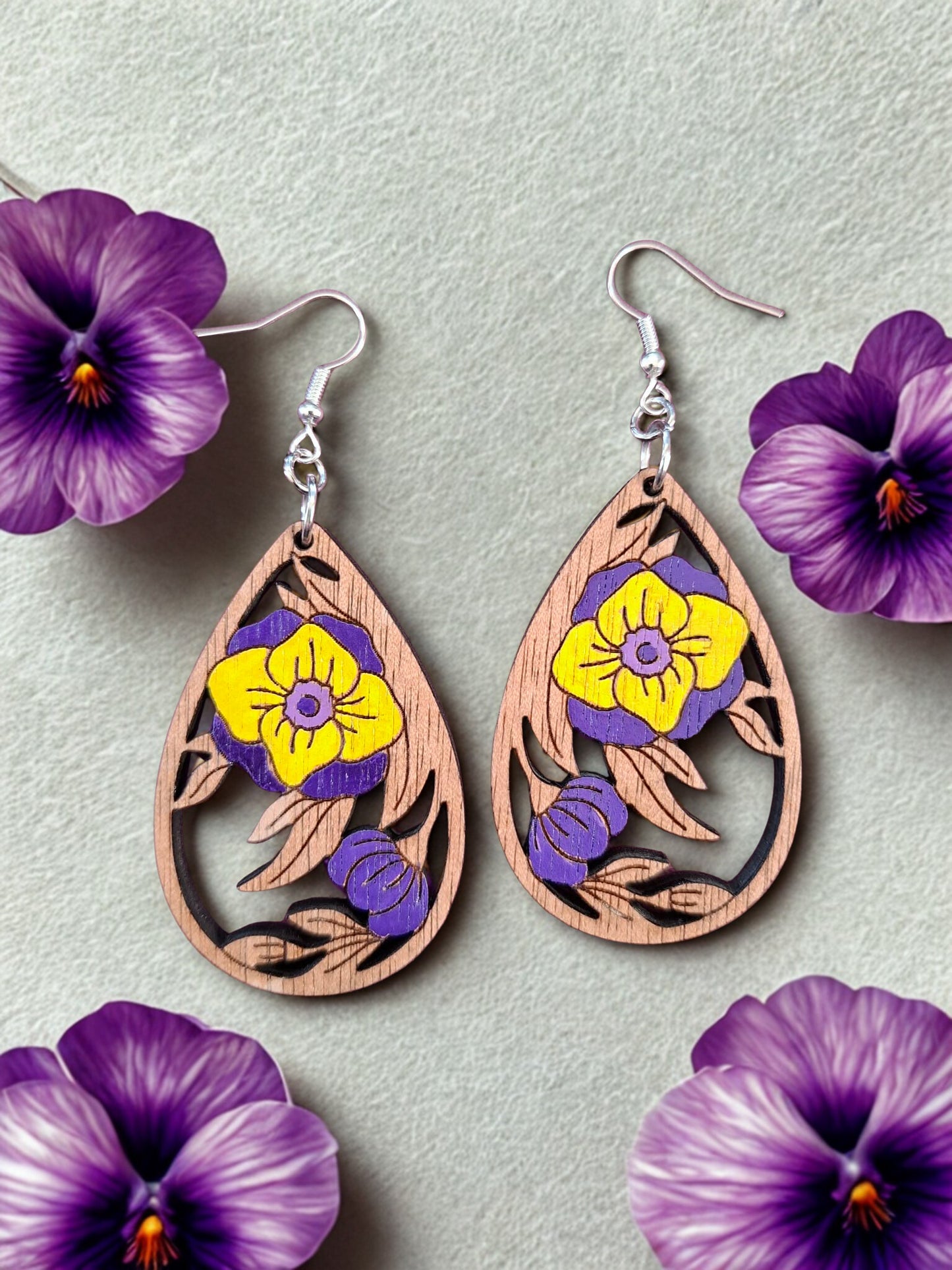 Wooden hand painted flower earrings