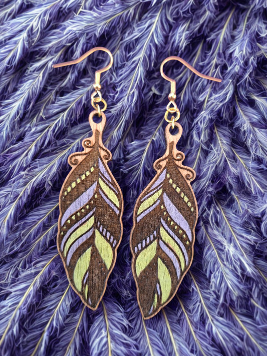 Feather earrings - hand painted wood