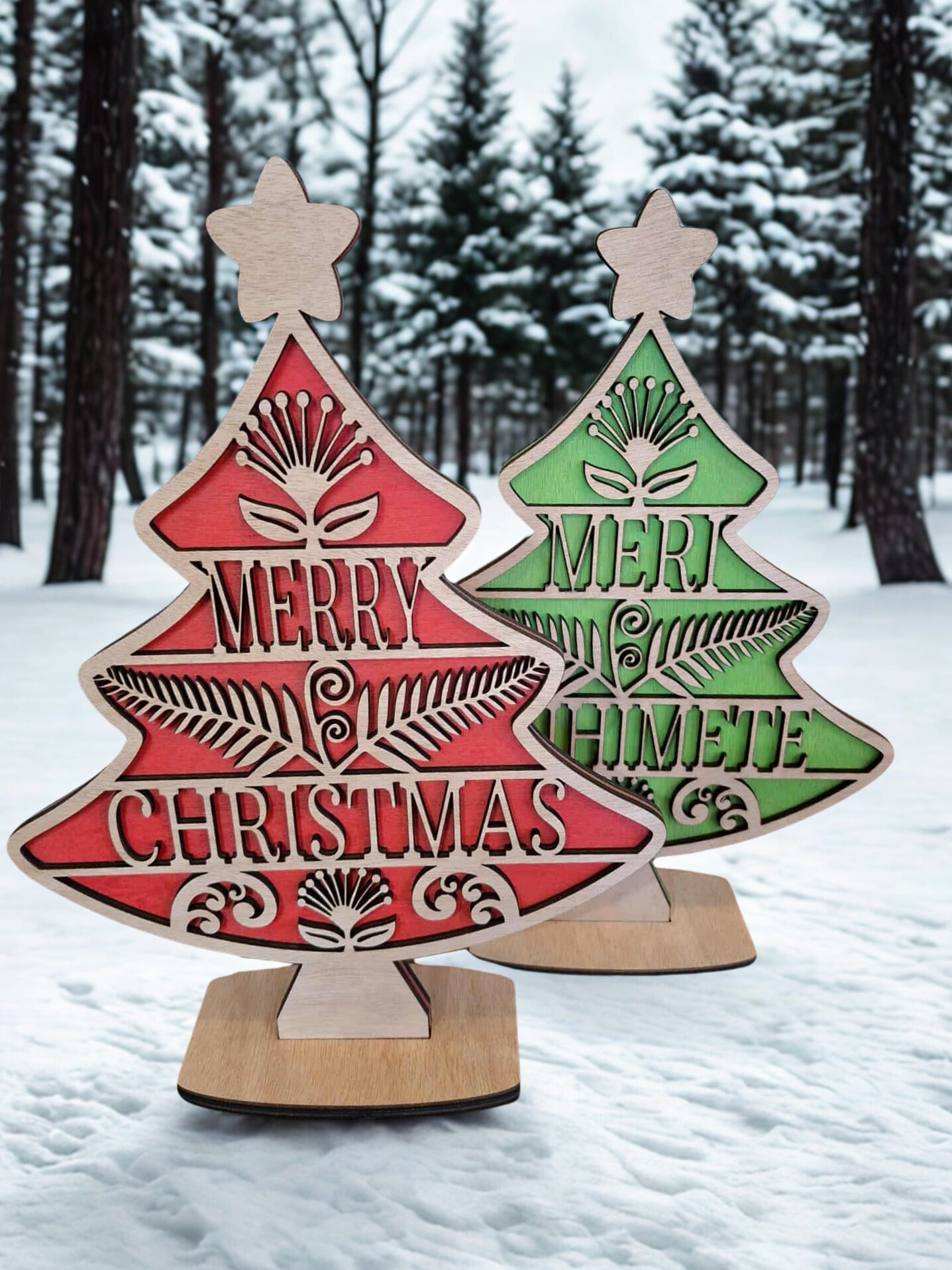 Double sided 30 cm table top tree - Merry Christmas/Meri Kirihimete