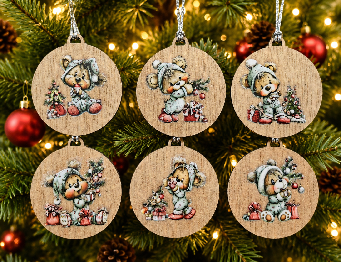 Set of six small wooden decorations