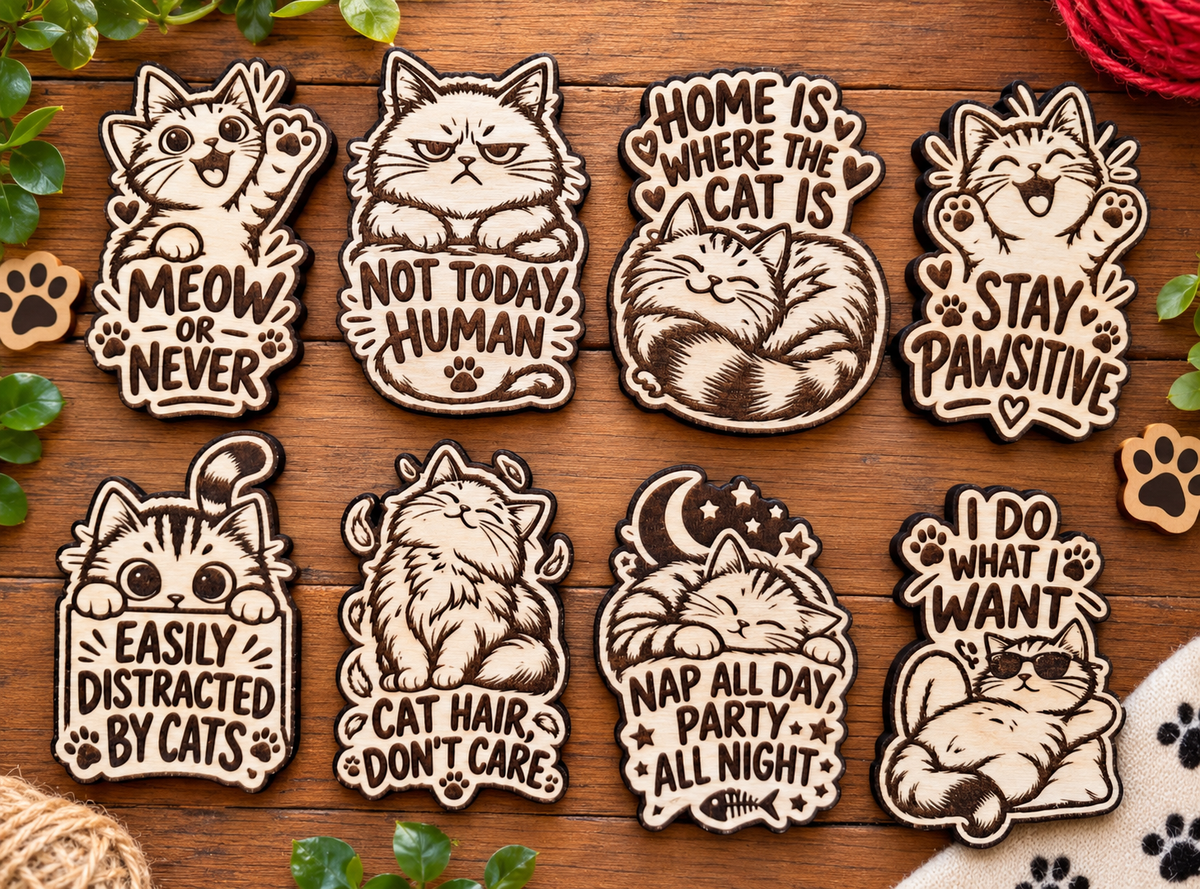 Catitude! Set of 8 Wooden Cat Fridge Magnets – NZ Made