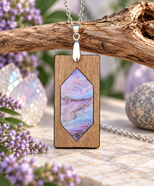 Aurora Shimmer walnut and pastel purple blue marbled acrylic pendant necklace with silver-tone chain, handcrafted in New Zealand by Dopey Dog NZ.