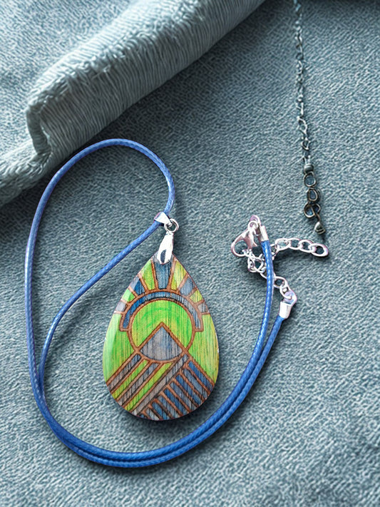 Hand painted wood and resin necklace and cord - green and blue