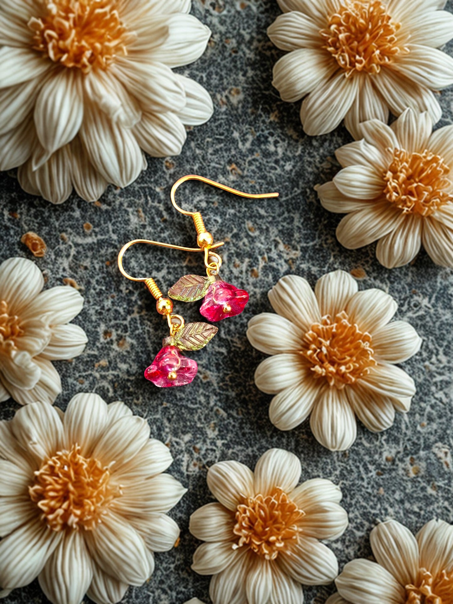 Tiny glass flower earrings - burgundy tones