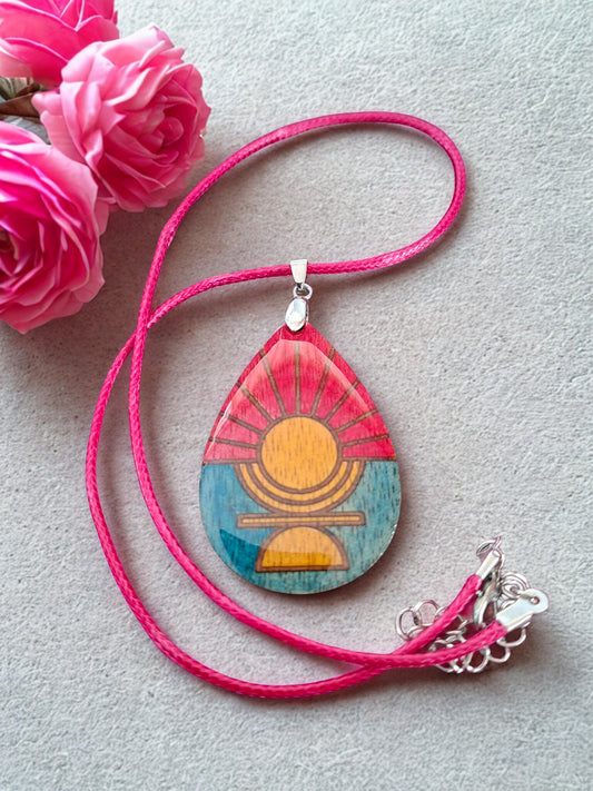 Hand painted wood and resin necklace and cord - cerise, turquoise and yellow