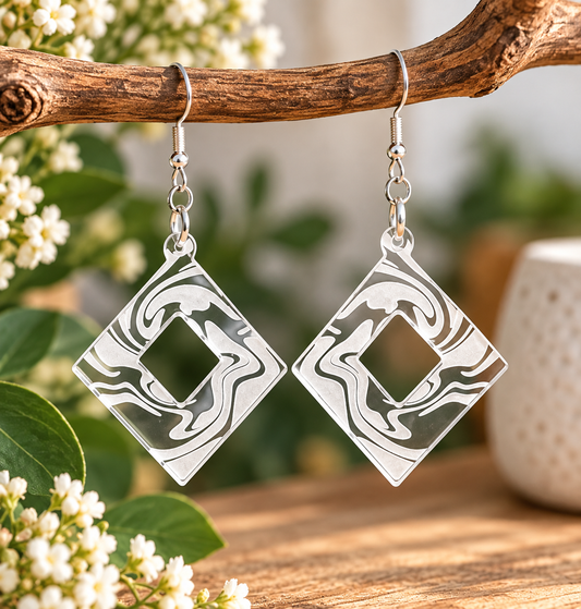 Clear acrylic diamond earrings with cut-out centre and white engraved swirl pattern, laser cut and made in New Zealand by Dopey Dog NZ.