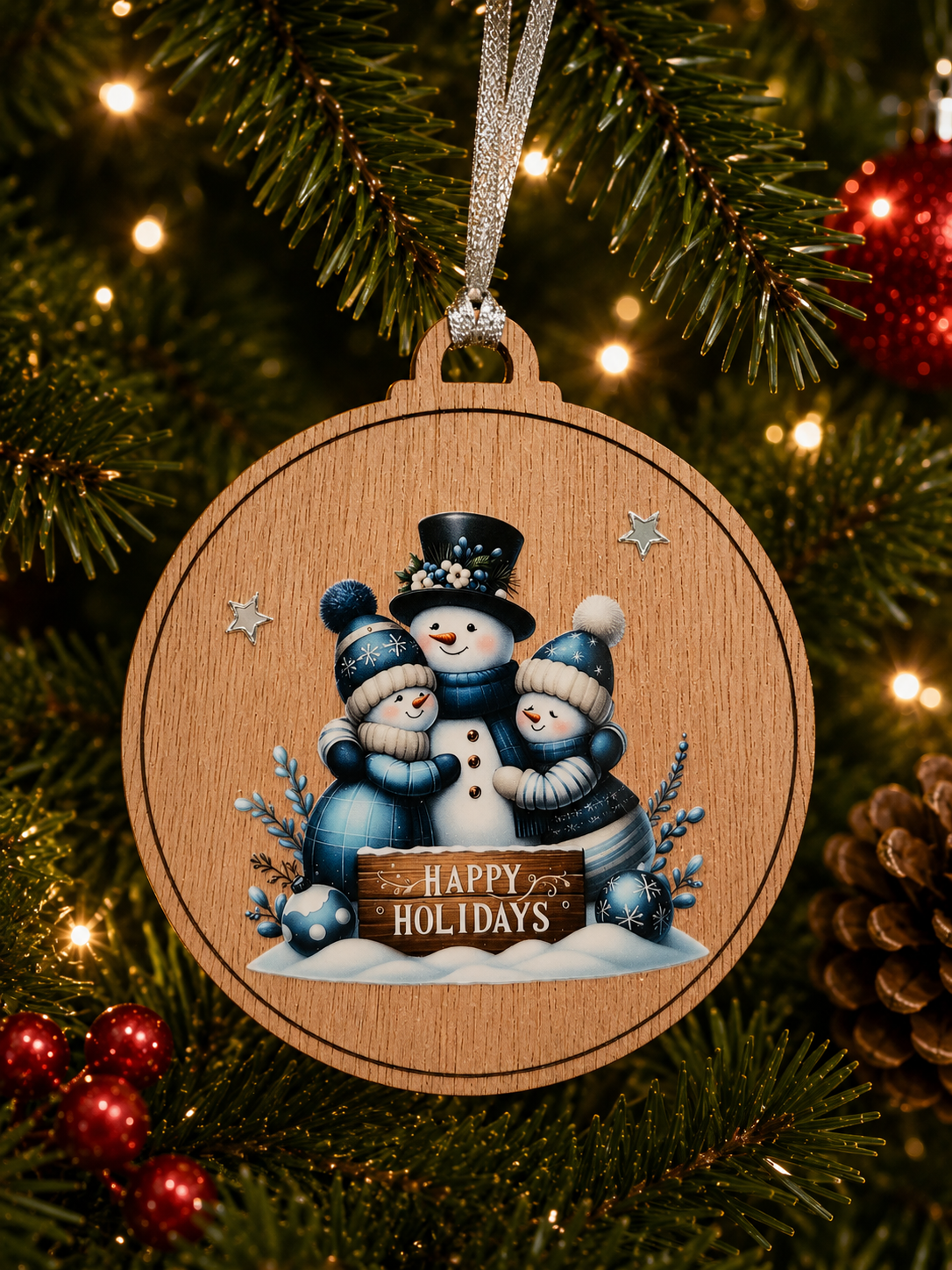 Blue Snowman with Family - Happy Holidays Decoration