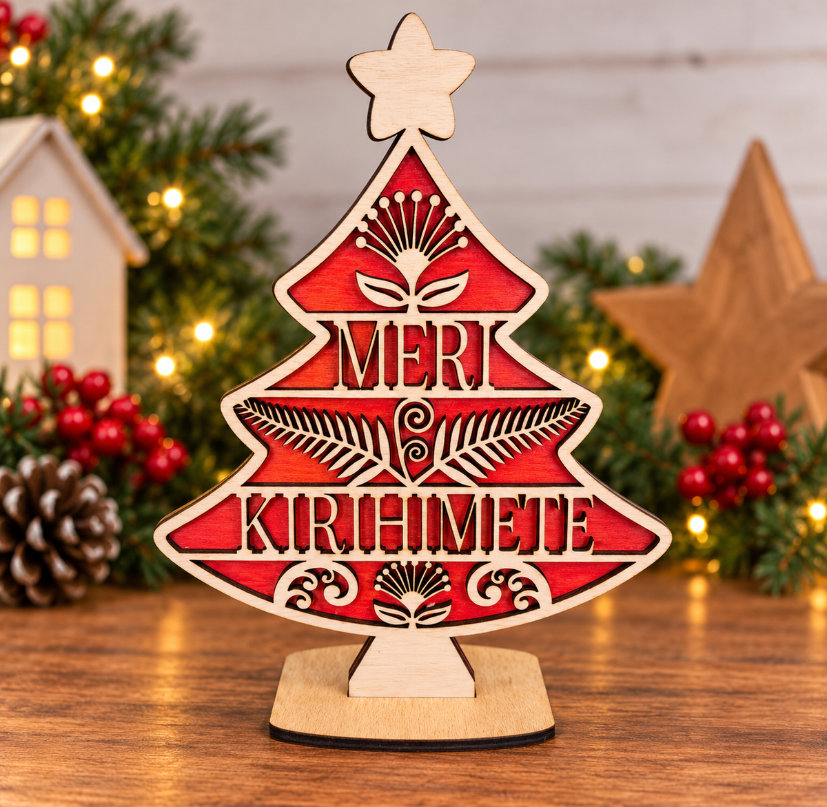 Double sided 30 cm table top tree - Merry Christmas/Meri Kirihimete