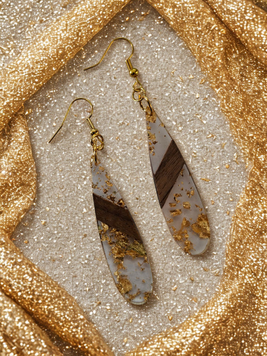 Glittery resin and wood drop earrings - clear