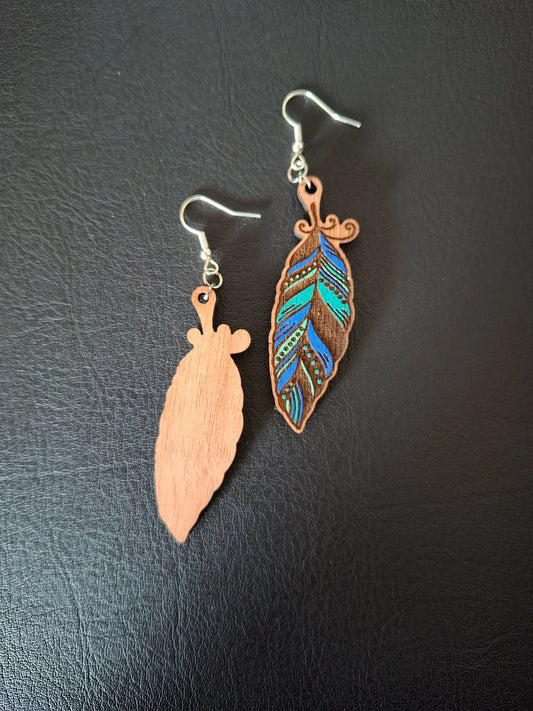 Handcrafted Wooden Feather Earrings – Hand Painted Nature Inspired Jewellery