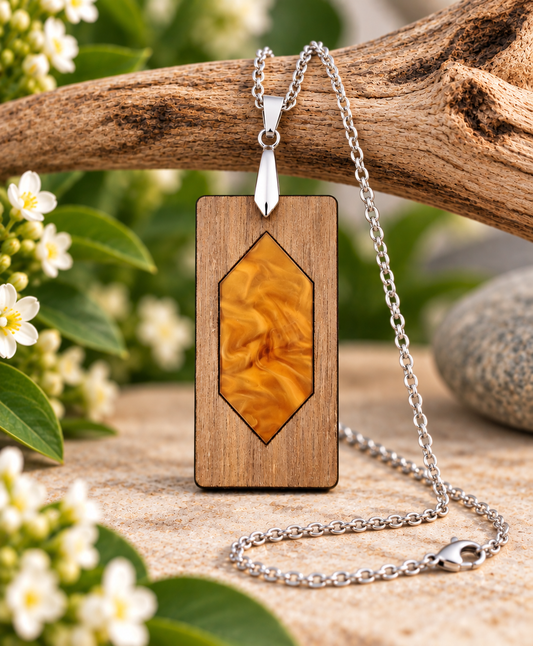 Amber Silk walnut and amber marbled acrylic pendant necklace with silver-tone chain, handcrafted and laser cut in New Zealand by Dopey Dog NZ.
