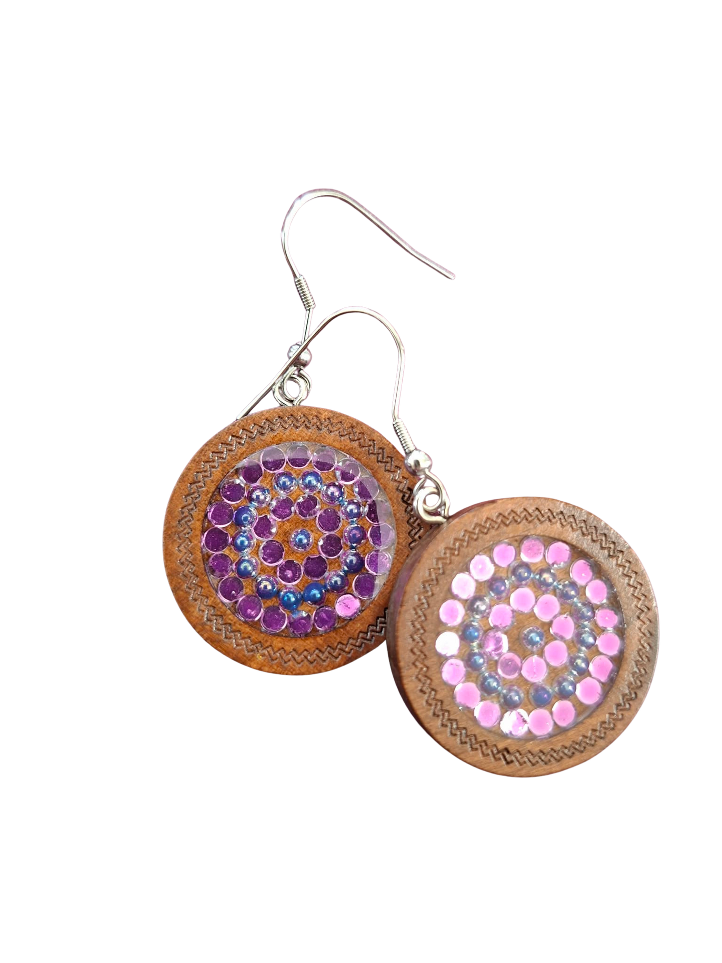 Wood and resin "bubble" earrings - purple and blue