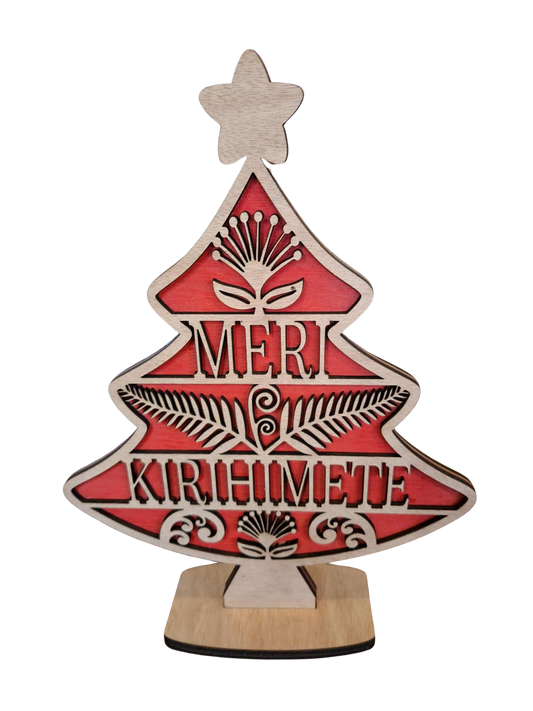 Double sided 30 cm table top tree - Merry Christmas/Meri Kirihimete