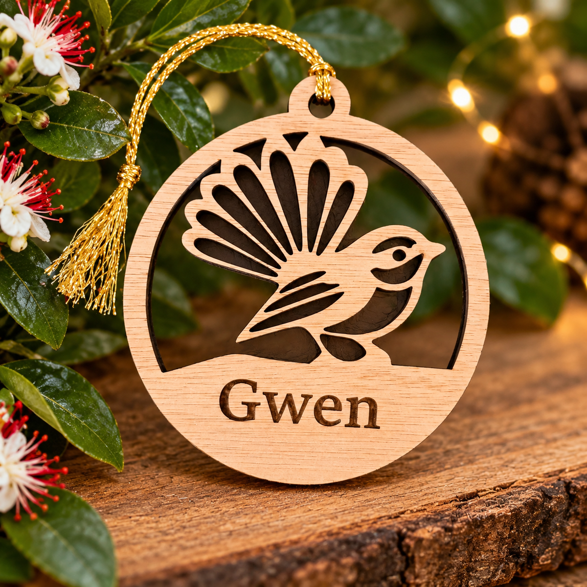 Personalised Kiwiana Christmas Decorations – Wooden Fantail