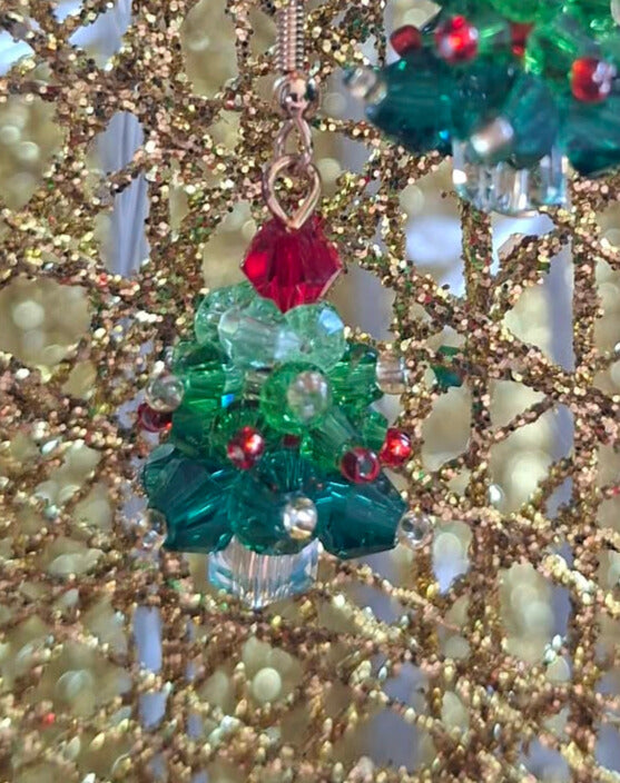 Crystal bead Christmas tree earrings - hand made
