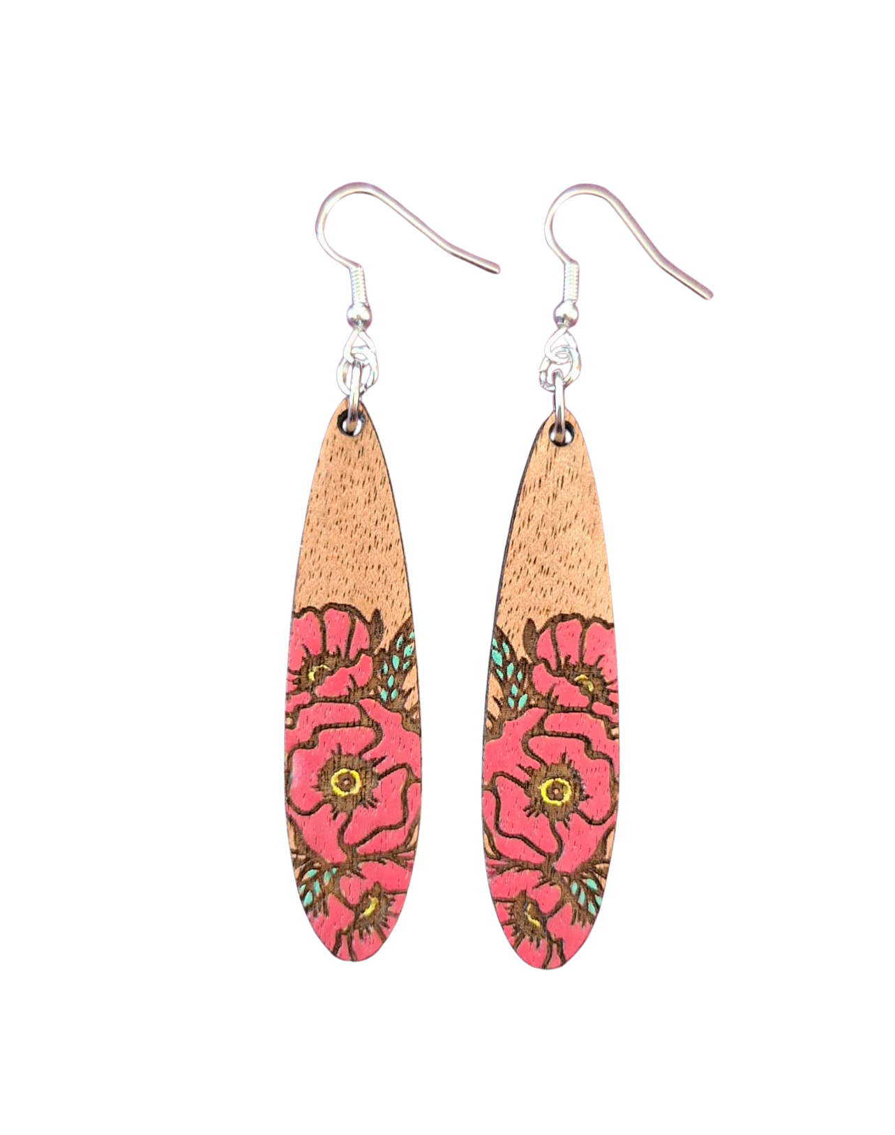 Wooden hand painted poppy earrings - 4 shapes to choose from