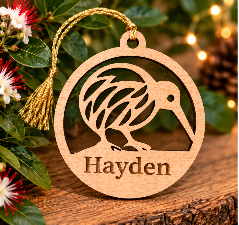 Personalised Kiwiana Christmas Decorations – Wooden Kiwi