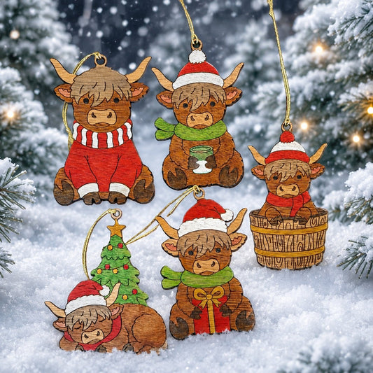 Highland cow - set of five hanging decorations